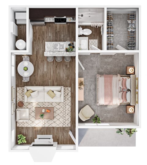 a 3d drawing of a bedroom with a bathroom and a living room